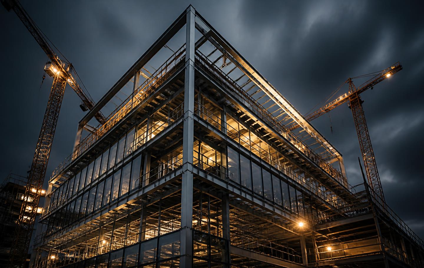 Modern commercial construction at dusk with steel frameworks and amber lighting