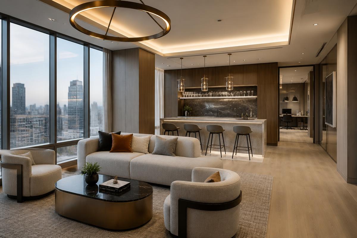 Premium interior design by Mixterior featuring elegant lounge space with amber lighting